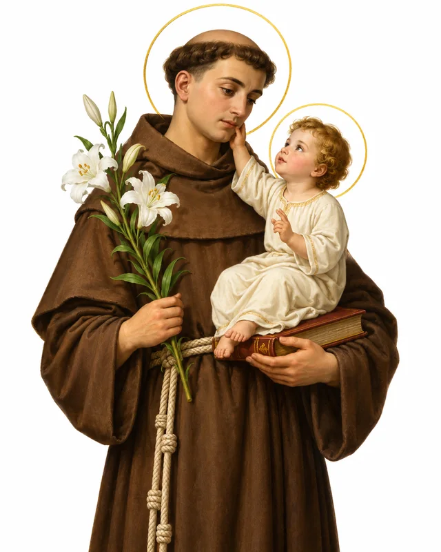 Devotional portrait of St Anthony of Padua with lilies and the clothed infant Jesus on a book, on a white background