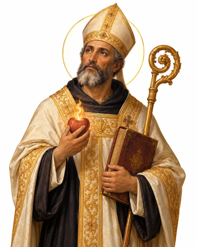 Devotional portrait of St Augustine in bishop’s vestments, holding a book and a symbolic flaming heart, on a white background