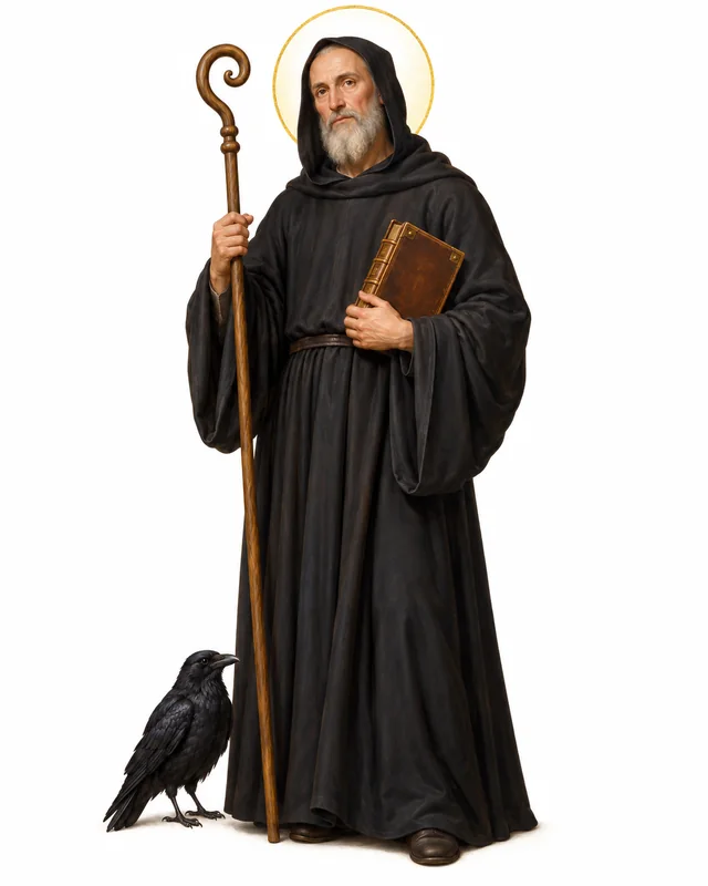 Devotional portrait of St Benedict in a black monastic habit, holding his Rule and an abbot’s staff, with a raven, on a white background
