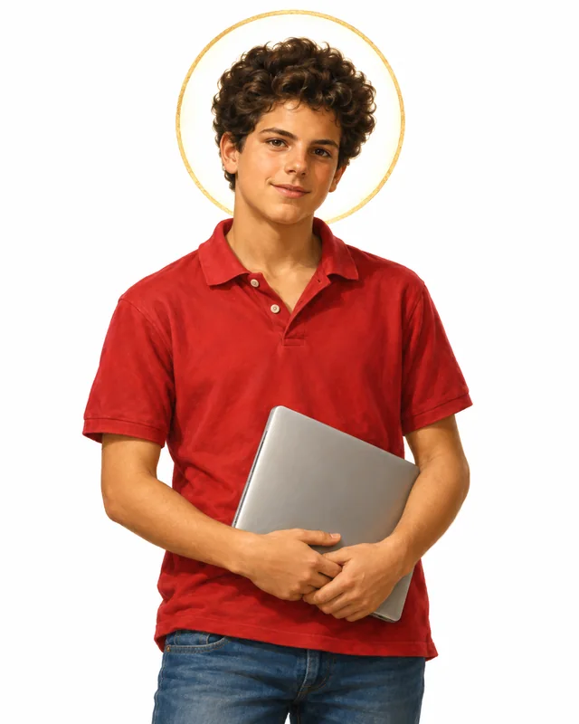 Devotional portrait of the teenage St Carlo Acutis with curly brown hair, in a red polo shirt and jeans, holding a laptop, on a white background