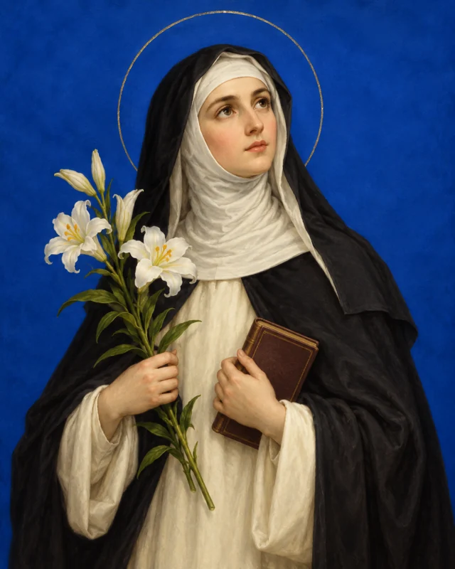 Devotional portrait of St Catherine of Siena holding lilies and a book against a blue background