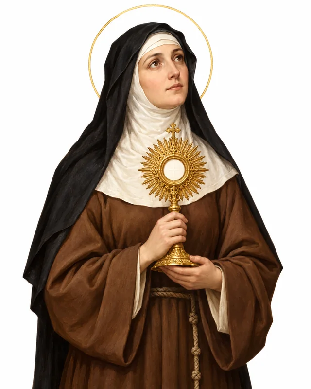 Devotional portrait of St Clare in a brown habit, black veil and white wimple, holding a golden monstrance with a white Eucharistic host, on a white background
