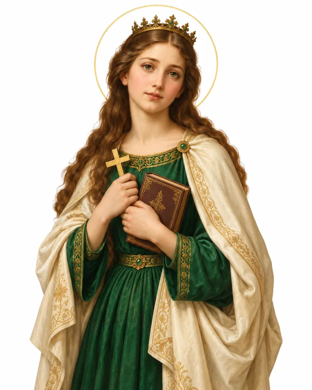 Devotional portrait of St Dymphna in a green gown and cream mantle, holding a cross and book, on a white background