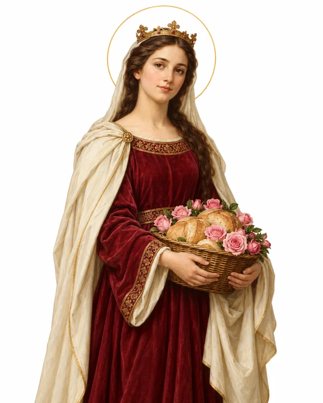 Devotional portrait of the young St Elizabeth of Hungary in a burgundy gown and cream mantle, with a small crown and a basket of bread and roses, on a white background