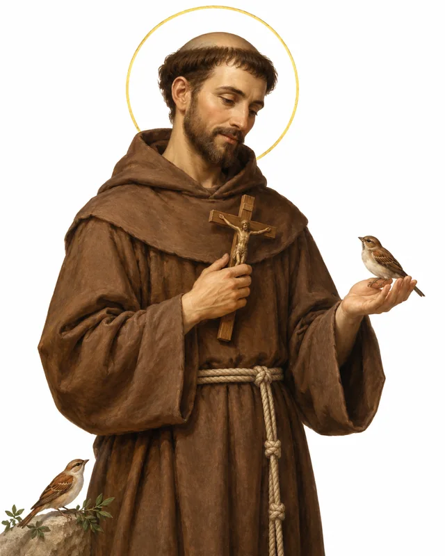 Devotional portrait of St Francis in a brown Franciscan habit, holding a crucifix and gently welcoming birds, on a white background