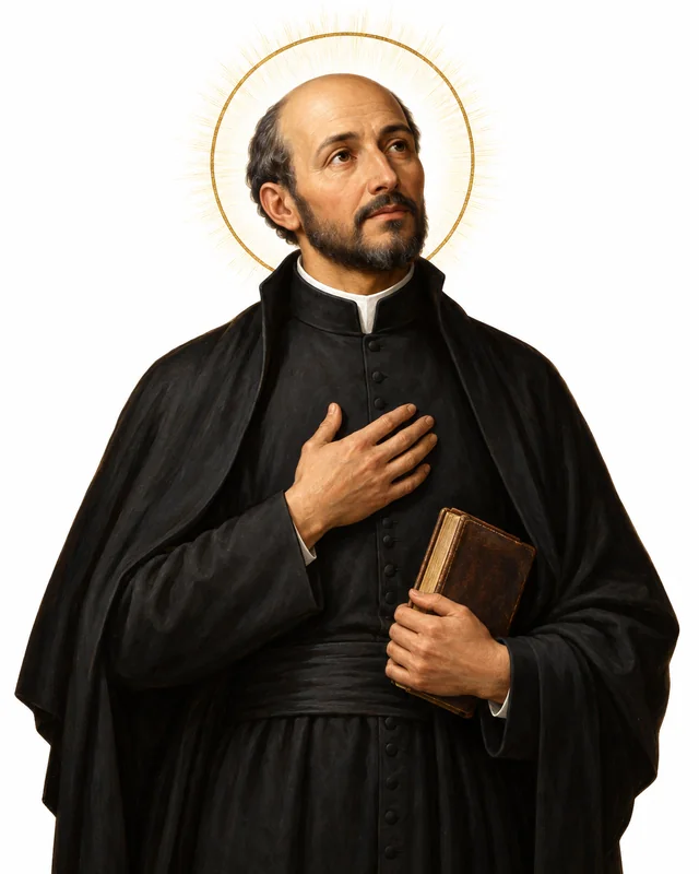 Devotional portrait of St Ignatius of Loyola in a black cassock, holding a book with one hand over his heart, on a white background