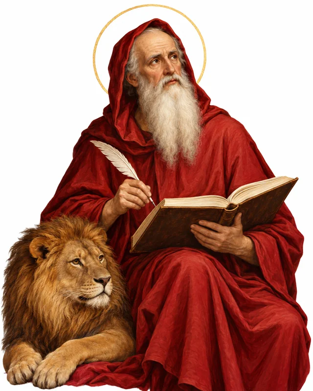 Devotional portrait of St Jerome in red robes with a calm lion, holding a book and quill, on a white background