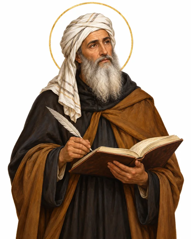 Devotional portrait of St John of Damascus with a white head covering, holding an open book and quill, on a white background