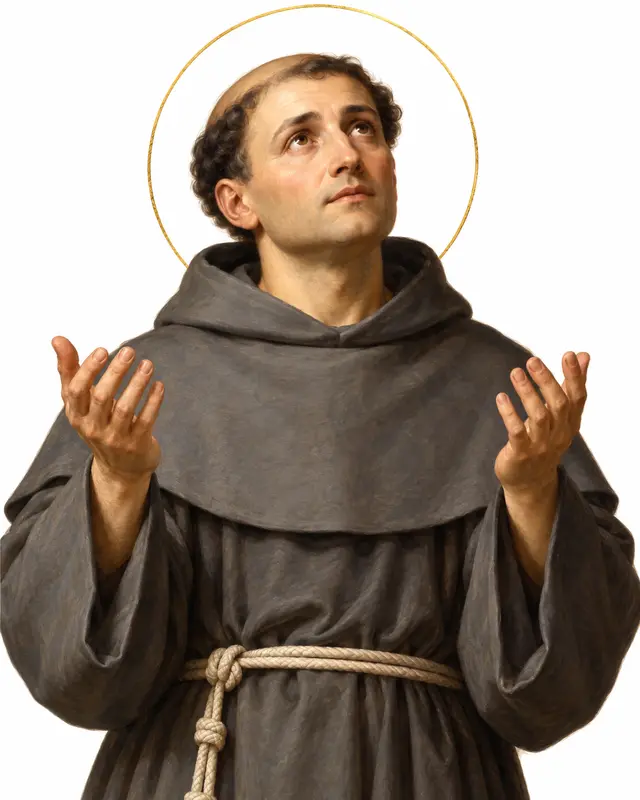Devotional portrait of St Joseph of Cupertino in an ash-grey Franciscan habit, raising his hands in prayer, on a white background