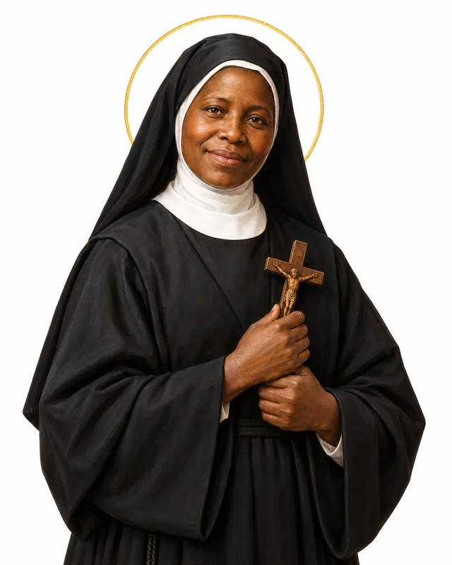 Devotional portrait of St Josephine Bakhita smiling gently in her Canossian habit and holding a crucifix on a white background