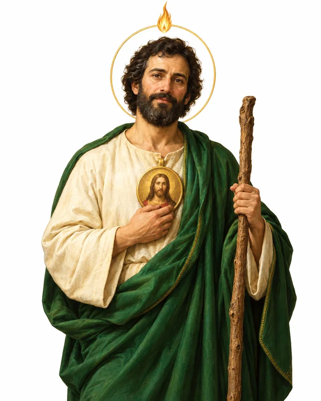 Devotional portrait of St Jude in a green mantle, holding a staff and a medallion of Christ, on a white background
