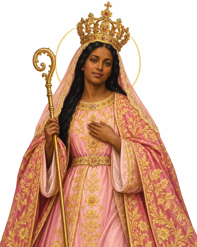 Devotional portrait of La Divina Pastora as a crowned Black Madonna with long black hair, a rose-pink and gold mantle and a shepherdess’s staff, on a white background