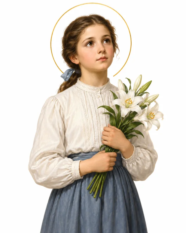 Devotional portrait of the young St Maria Goretti in a modest white blouse and blue-grey skirt, holding white lilies, on a white background