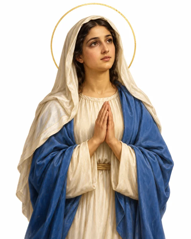 Devotional portrait of Holy Mary in a blue mantle, with hands joined in prayer, on a white background