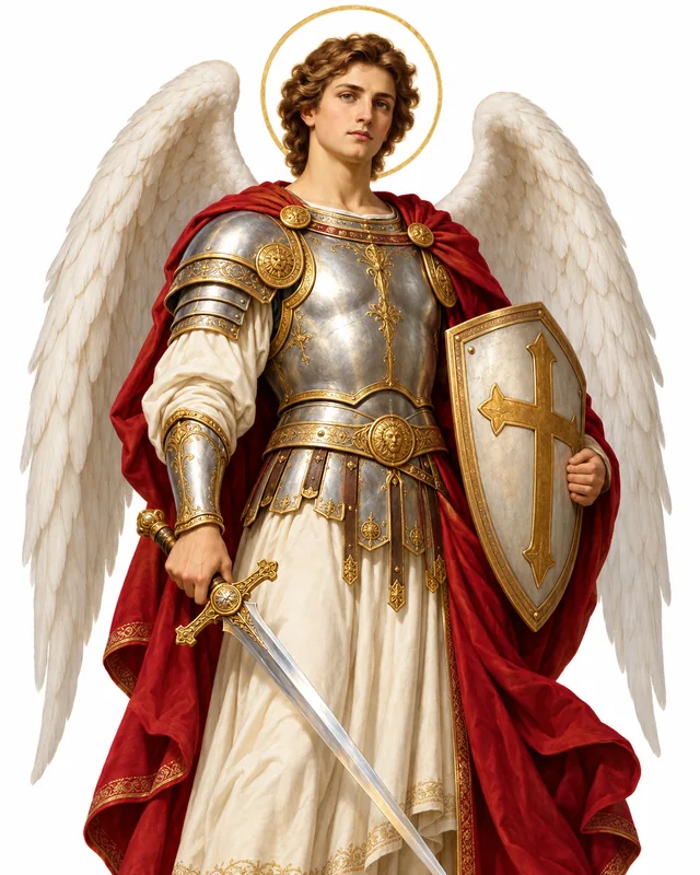 Devotional portrait of St Michael with white wings, armour, a downward-pointing sword and a shield on a white background