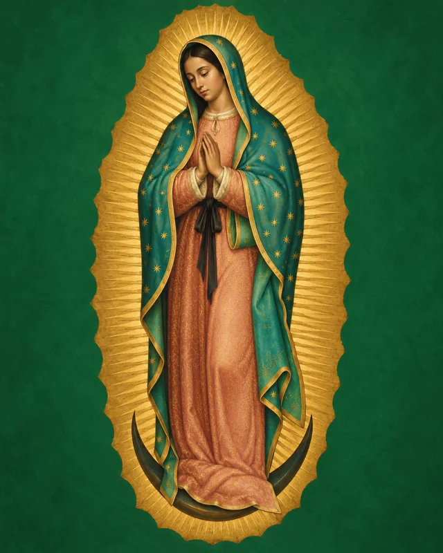 Devotional portrait of Our Lady of Guadalupe in a starry mantle against a green background