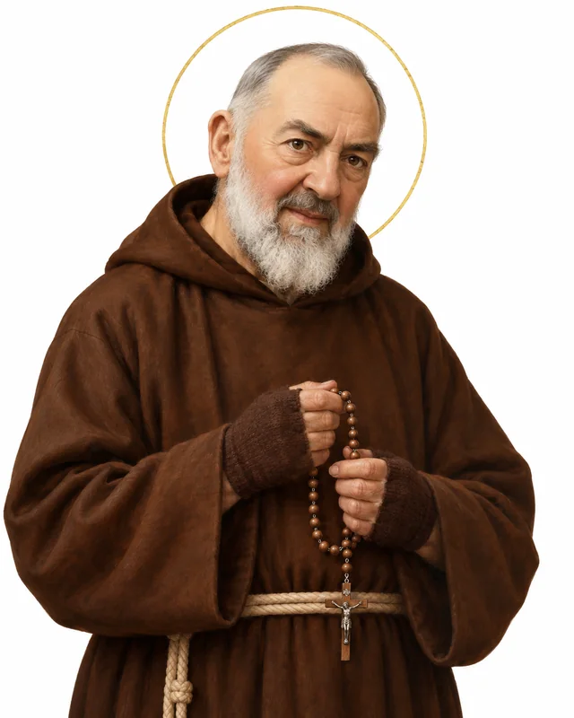 Devotional portrait of the elderly St Padre Pio in a brown Capuchin habit, with fingerless hand coverings and a rosary, on a white background