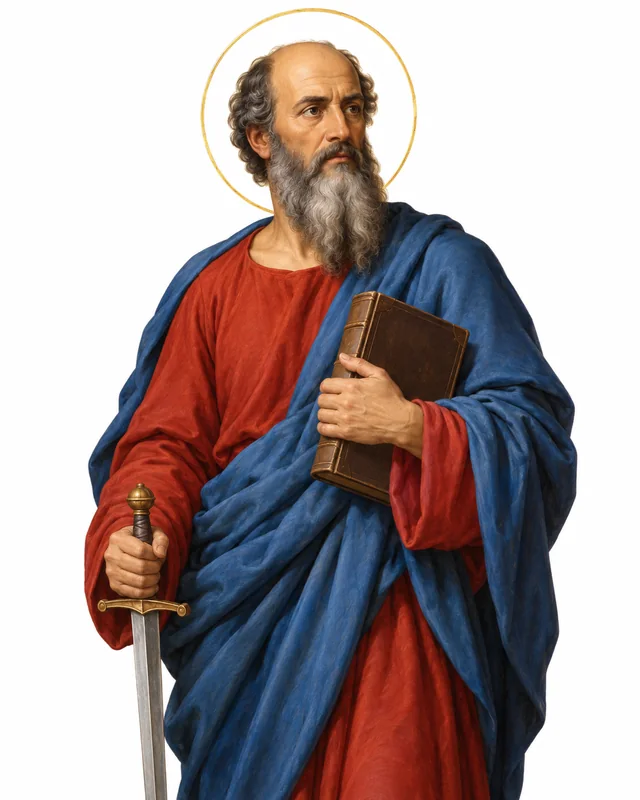Devotional portrait of St Paul in a red tunic and blue cloak, holding a book and a downward-pointing sword, on a white background