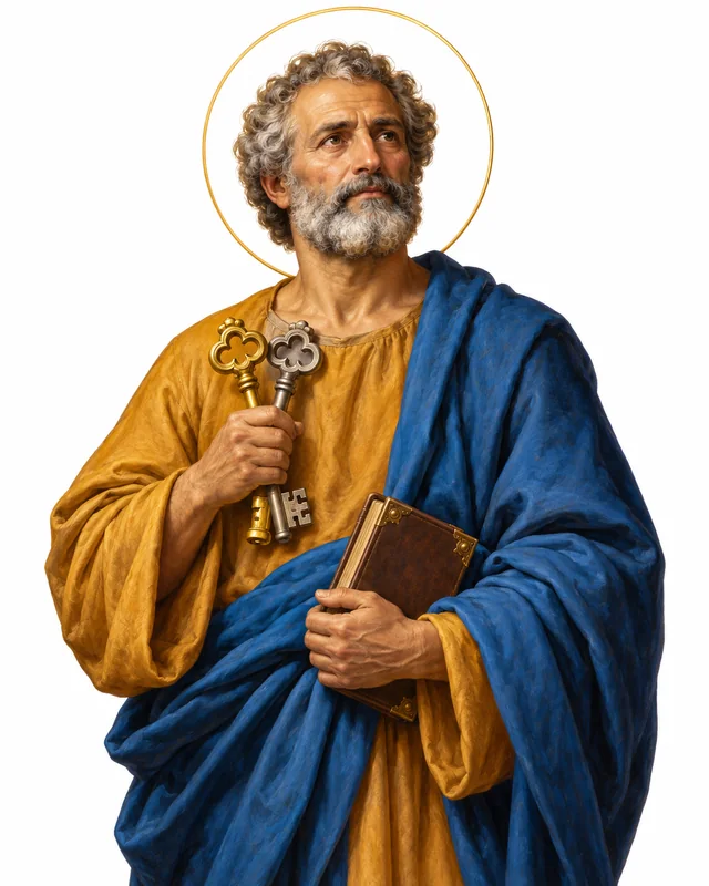 Devotional portrait of St Peter holding gold and silver keys and a book on a white background