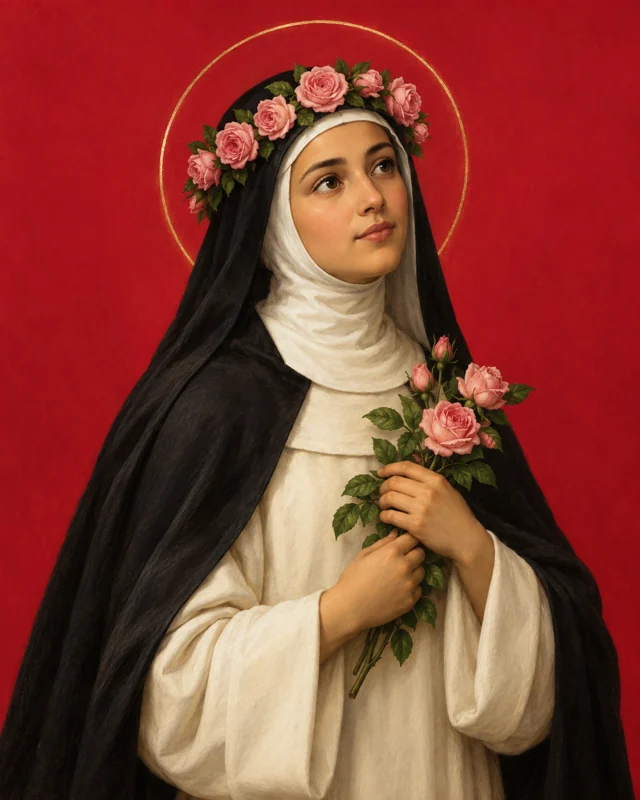 Devotional portrait of St Rose of Lima with a crown of roses against a red background