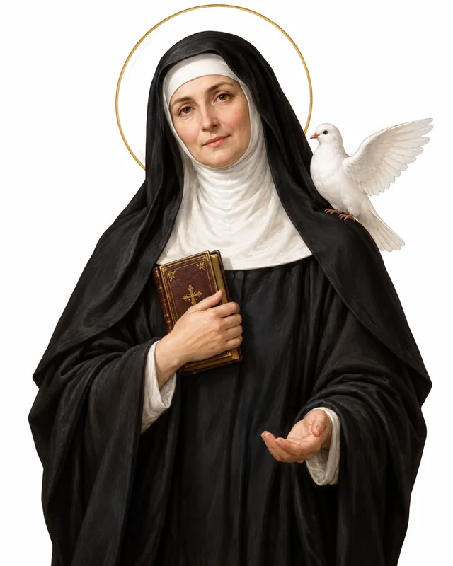 Devotional portrait of St Scholastica in a black Benedictine habit and white wimple, holding a book, with a white dove, on a white background