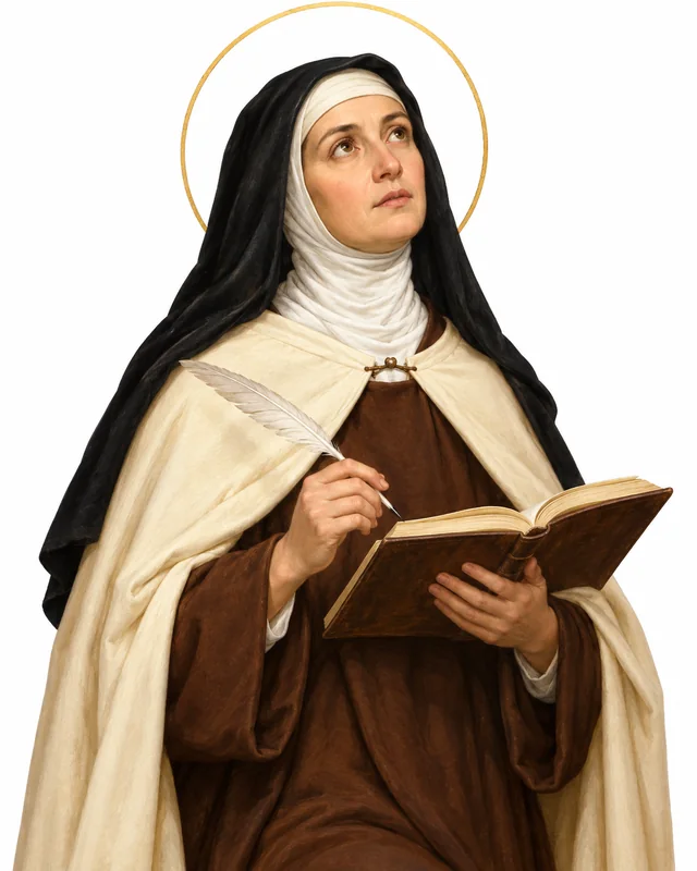Devotional portrait of St Teresa of Avila in her Carmelite habit, holding a book and quill, on a white background