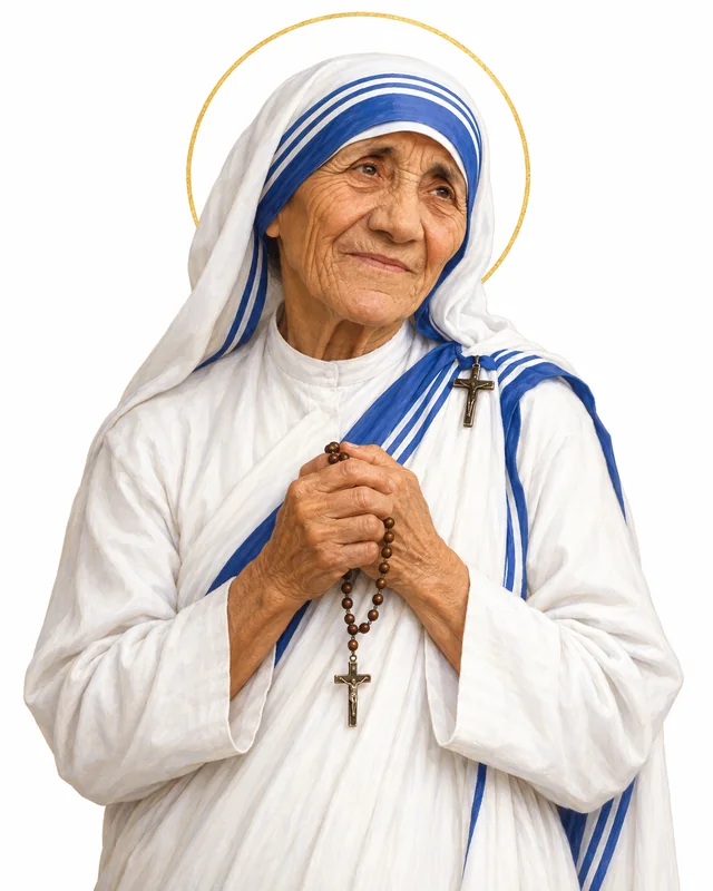 Devotional portrait of St Teresa of Calcutta in her white sari with blue borders, holding a rosary, on a white background