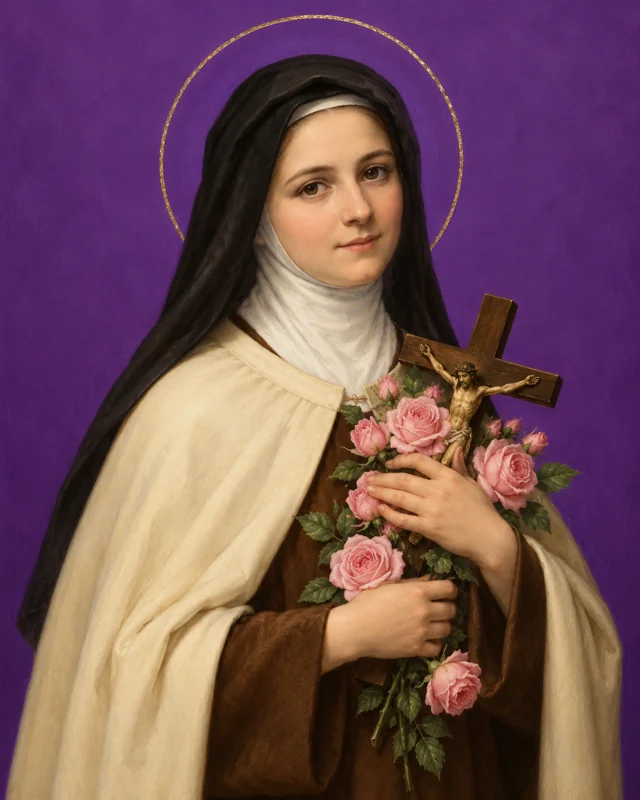 Devotional portrait of St Thérèse of Lisieux holding roses and a crucifix against a purple background