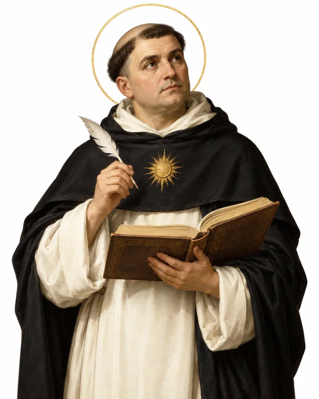 Devotional portrait of St Thomas Aquinas in a Dominican habit, holding a book and quill, on a white background